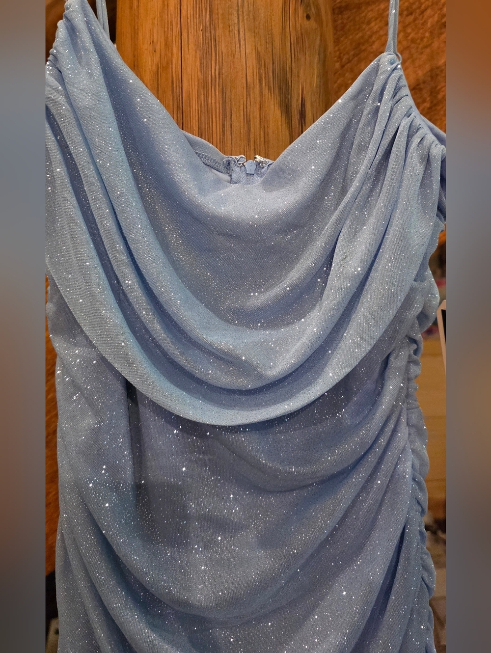Macy's Sparkle Dust Light Blue Ruched Spaghetti Strap Dress - Picture 5 of 8